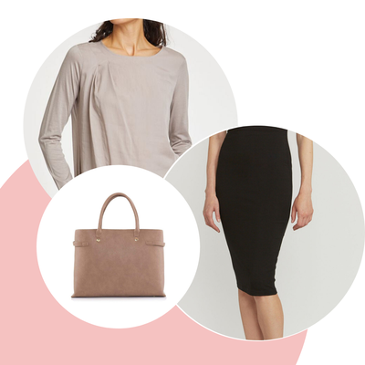 ethical office outfit with pencil skirt, top and vegan bag