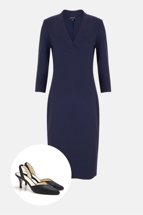 lockdown wardrobe navy dress and black heels