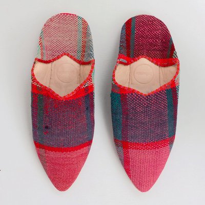 ethically made handcrafted slippers in pink and blue check