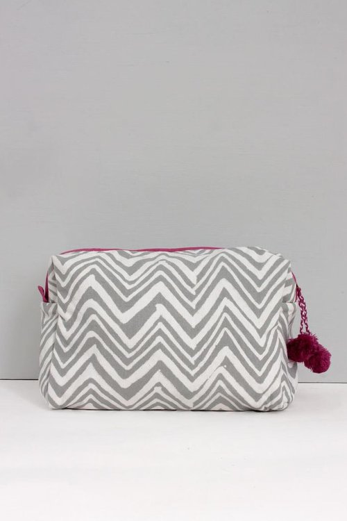 ethically made zig zag wash bag grey