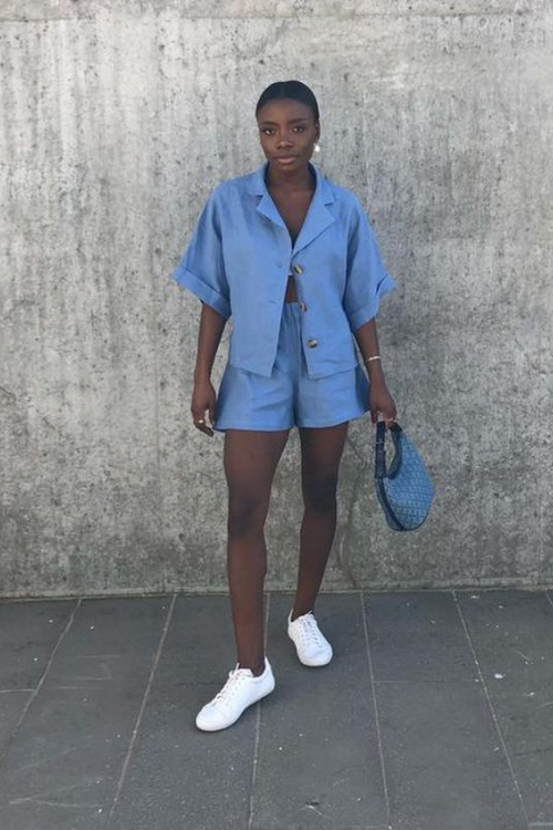 elasticated linen shorts in cornflower blue