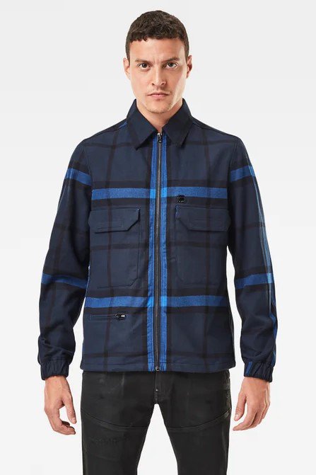 man wearing sustainable cotton overshirt jacket in blue check