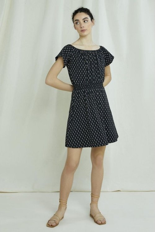 indira vegan ikat print black short sleeve organic cotton mini dress