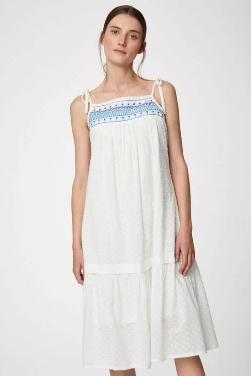 isabetta white organic cotton strappy dobby spot texture dress