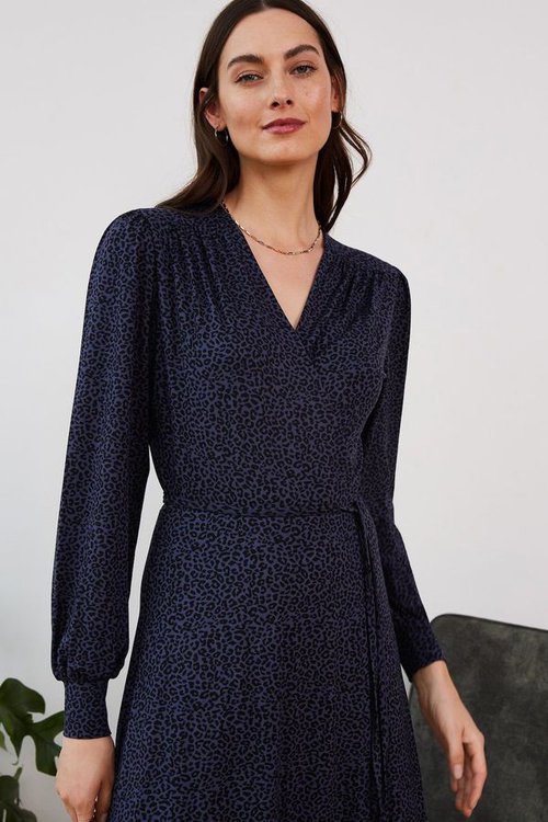 jamila ecovero dress in deep indigo and leopard