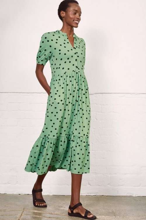 linde sustainable eco viscose green polka dot midi dress