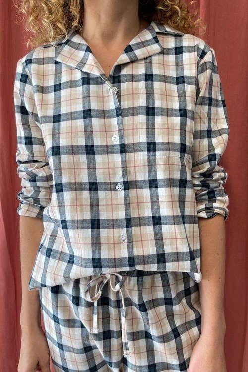 margie organic cotton pyjamas in fawn and navy check for women