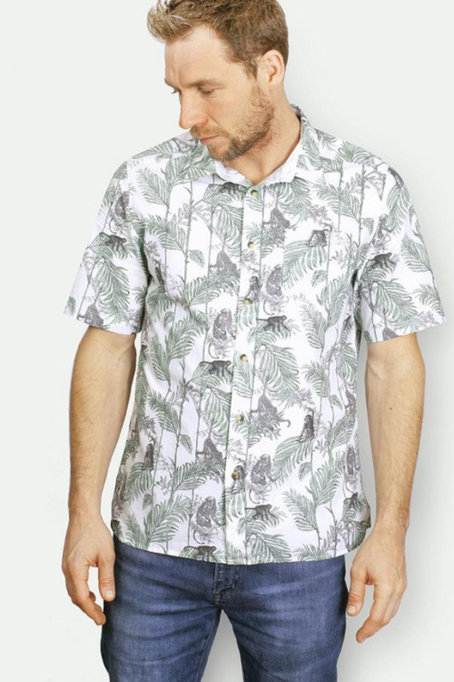 mens marcel organic cotton shirt in white with leaf print