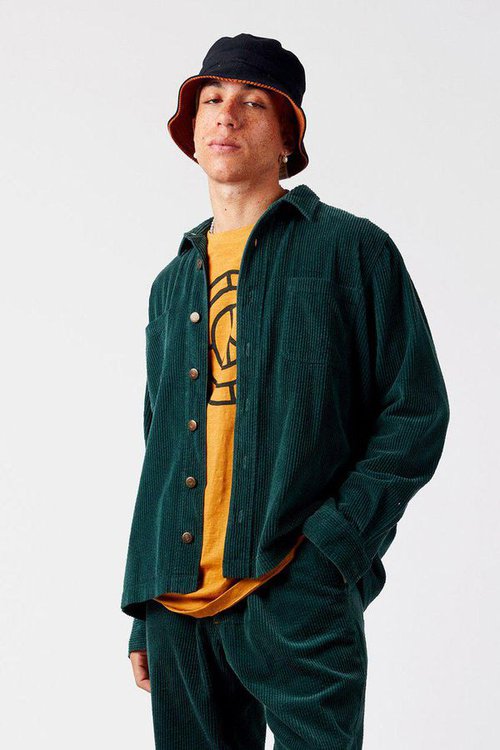 mens sustainable jean organic cotton corduroy long sleeve overshirt in pine green