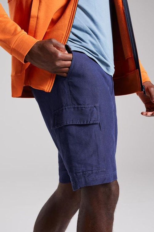 mens sustainable linen adventure shorts in washed denim blue