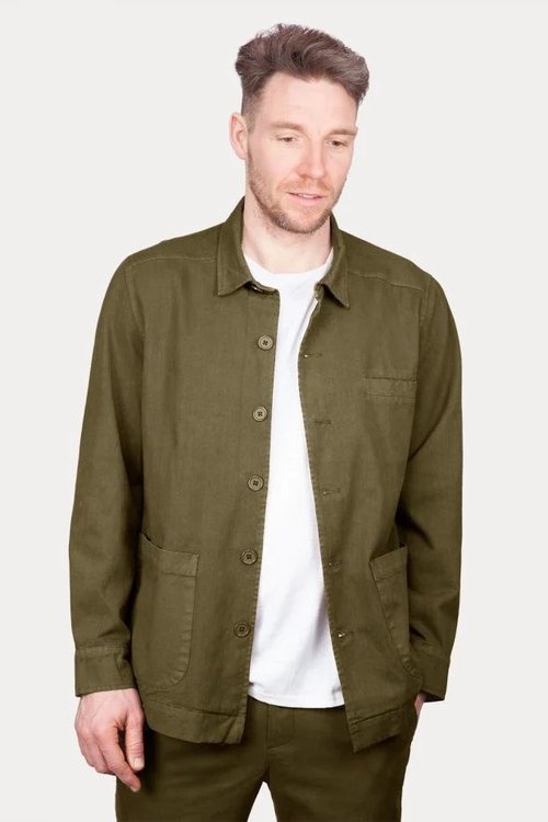 man wearing khaki green sustainable organic twill jacket