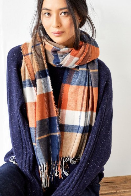 recycled polyester checked scarf in orange