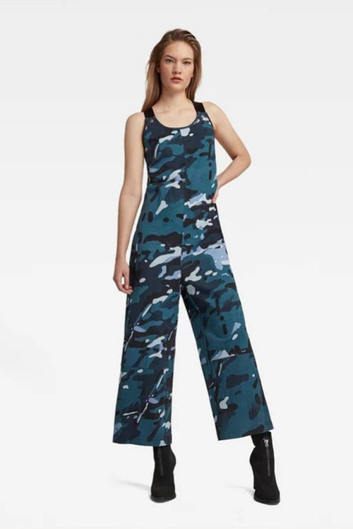 organic cotton dungarees in blue camo