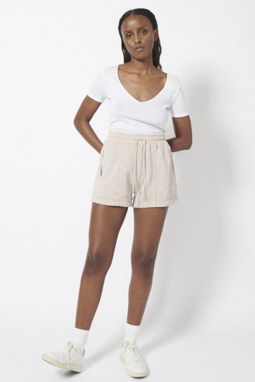 organic cotton elasticated panel shorts in taupe