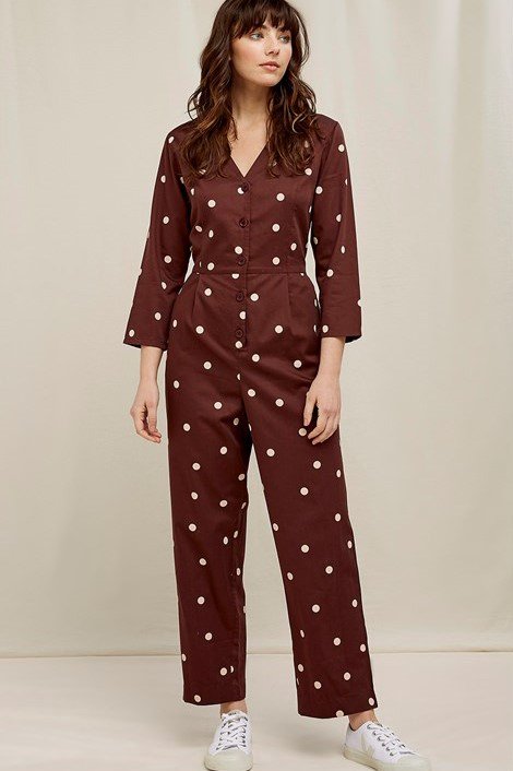 polka dot organic cotton jumpsuit in brown