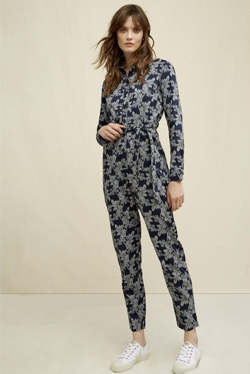 organic cotton long sleeve floral print jumpsuit dark blue