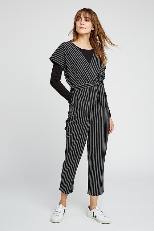 organic  cotton sleeveless  wrap  style jumpsuit black striped