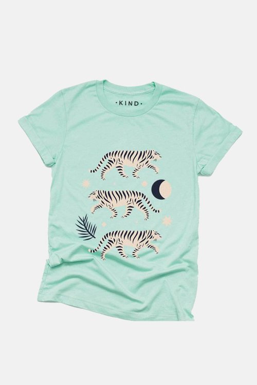 organic cotton white tigers print t-shirt in carribean blue