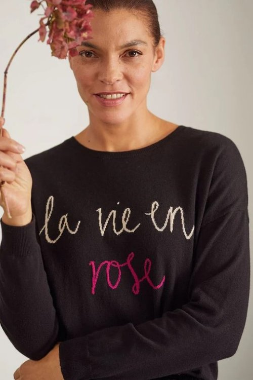 organic cotton and wool jumper lulu with la vie en rose slogan in black