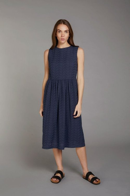 primrose vegan broderie anglaise organic cotton navy midi dress