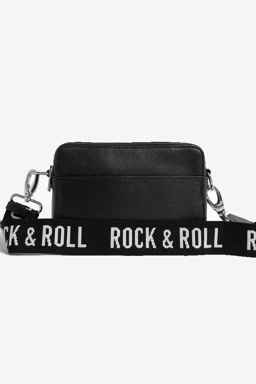 black leather cross body bag with rock and roll strap