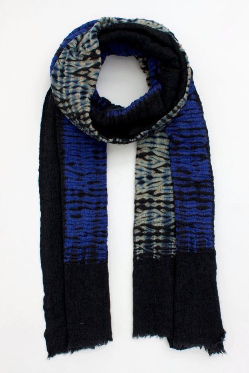 shibori tie dye merino wool scarf in mixed colours with blue and black