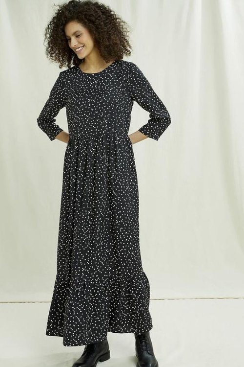 stina tencel leaf print maxi dress in black