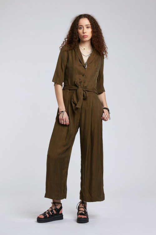 sustainable cupro and eco viscose jumpsuit in khaki