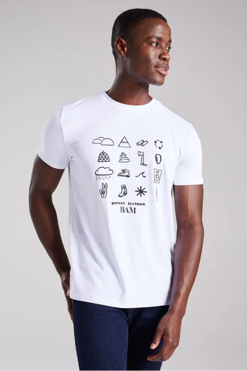 mens white bamboo t-shirt with printed icons