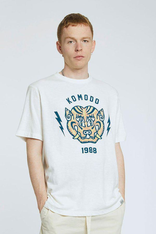 kin mens white organic cotton t-shirt with bold tiger graphic