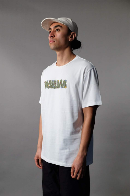 overgrown mens white vegan organic cotton t-shirt with leafy logo print