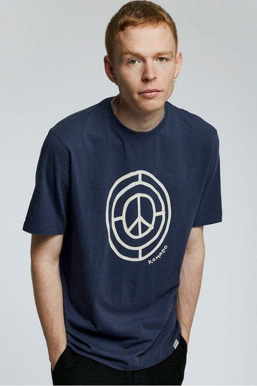 organic cotton mens peace sign tee in indigo