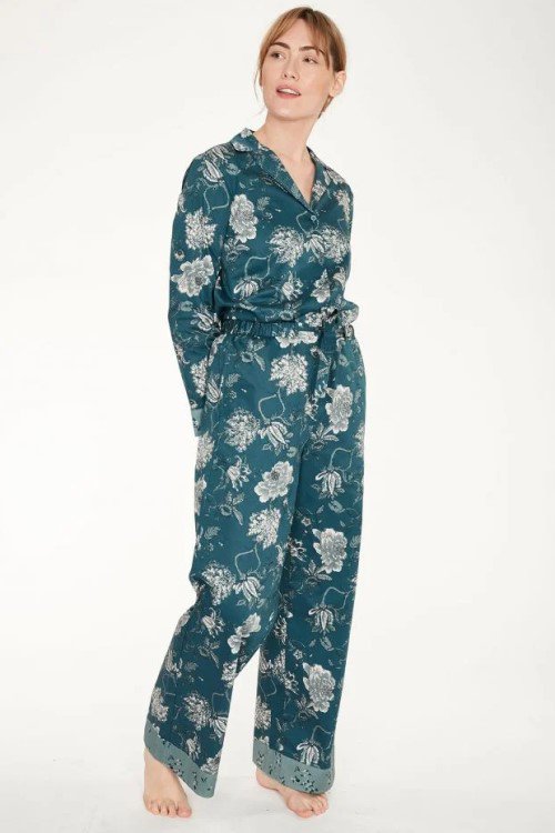sustainable organic cotton teal blue printed floral pyjamas