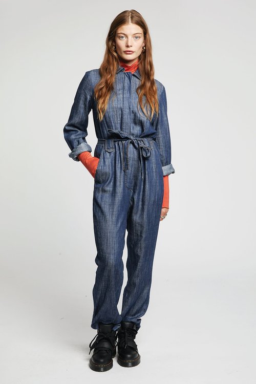 sustainable tencel linen long sleeve jumpsuit dark indigo denim blue