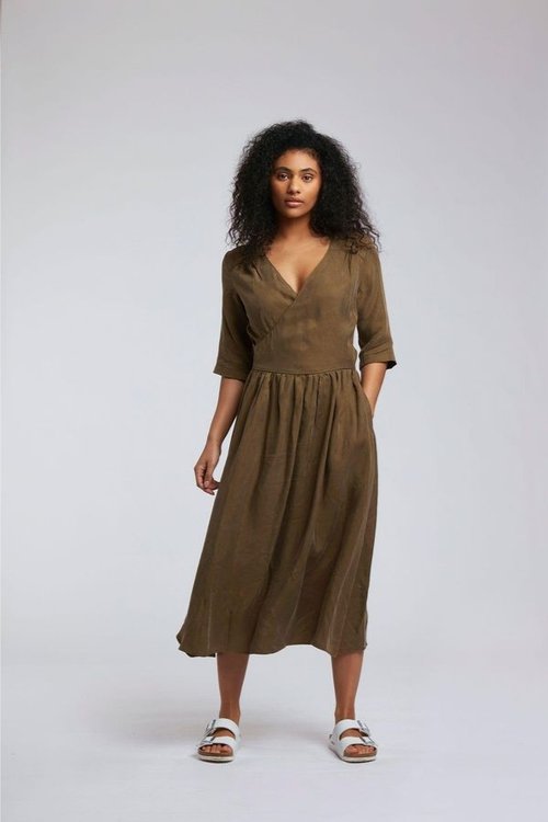 tenzing vegan sustainable cupro viscose khaki midi dress