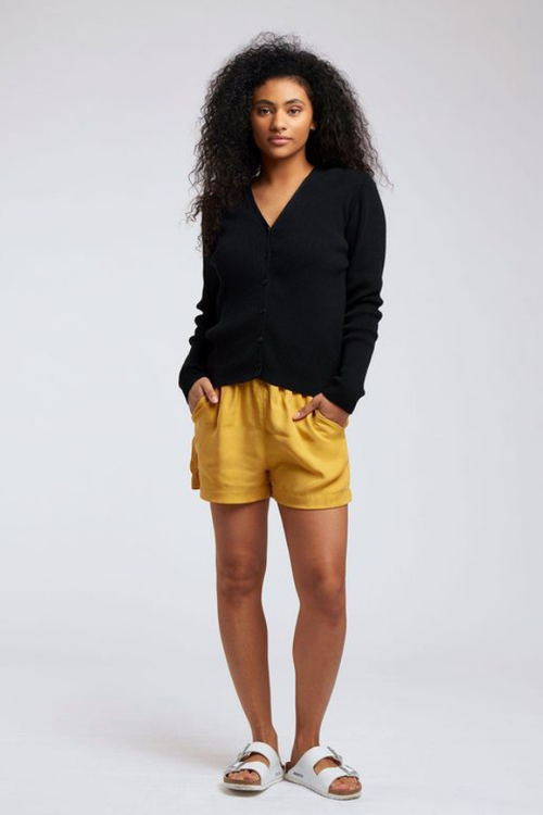 thana elasticated cupro and viscose shorts in ochre