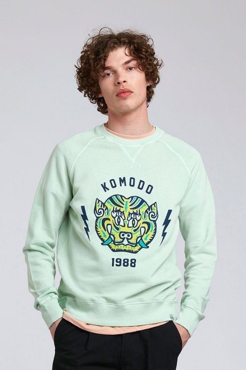 tiger mens crew neck organic cotton vegan sweatshirt in pastel green jade