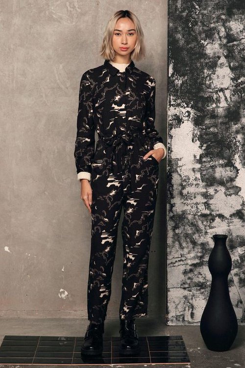 vegan sustainable rayon long sleeve jumpsuit black cloud print