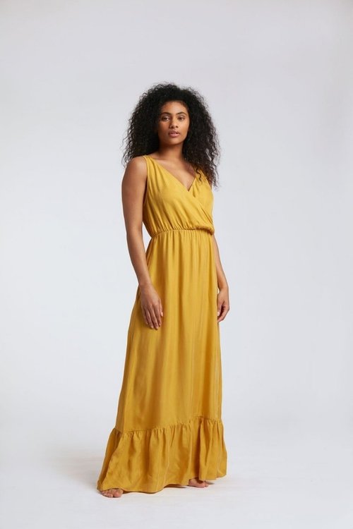 whirlygig sustainable vegan cupro eco viscose maxi dress in ochre