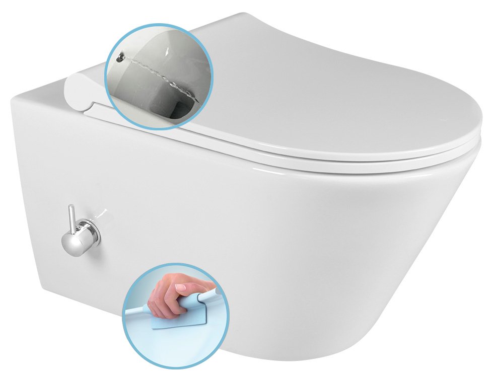SAPHO AVVA PORTO závesná WC misa Rimless s integrovanou bidetovou sprškou 35,5×53 cm, biela
