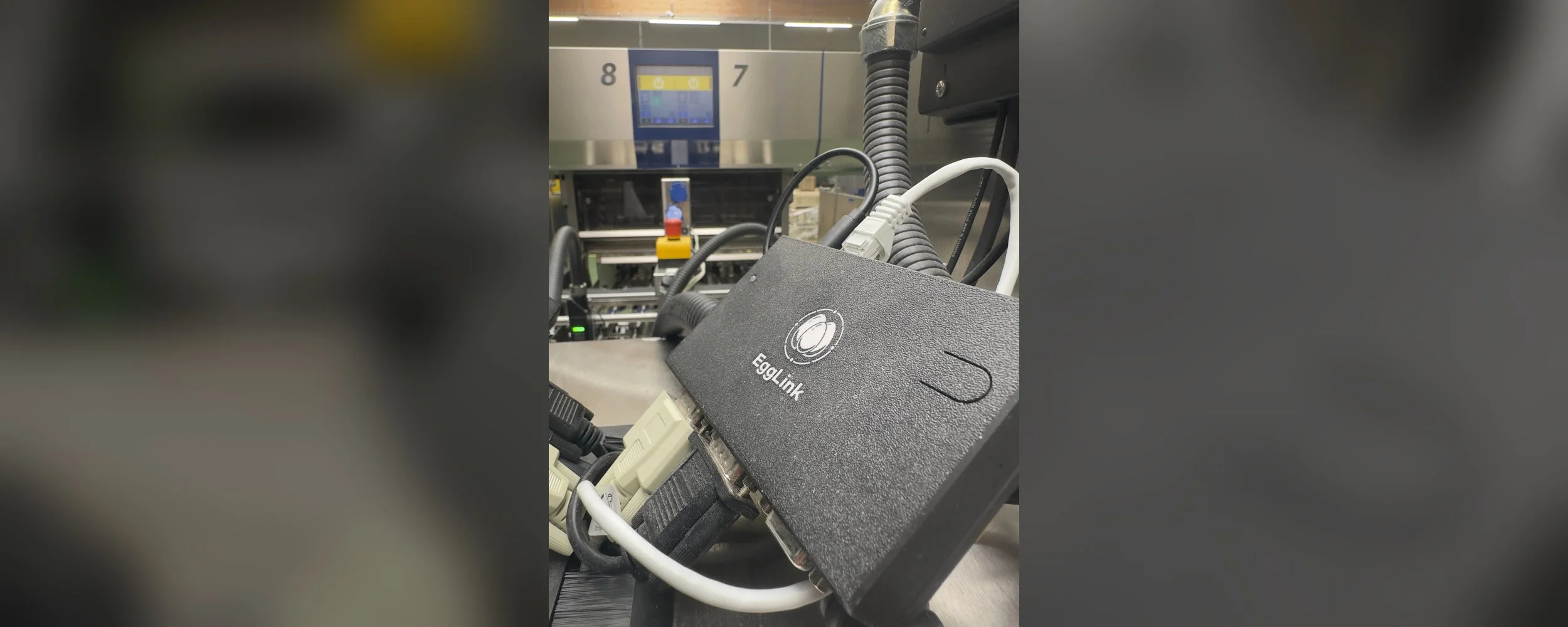 Ein EggLink Gateway an einer Sortiermaschine, verkabelt mit den Geräten der Linie
