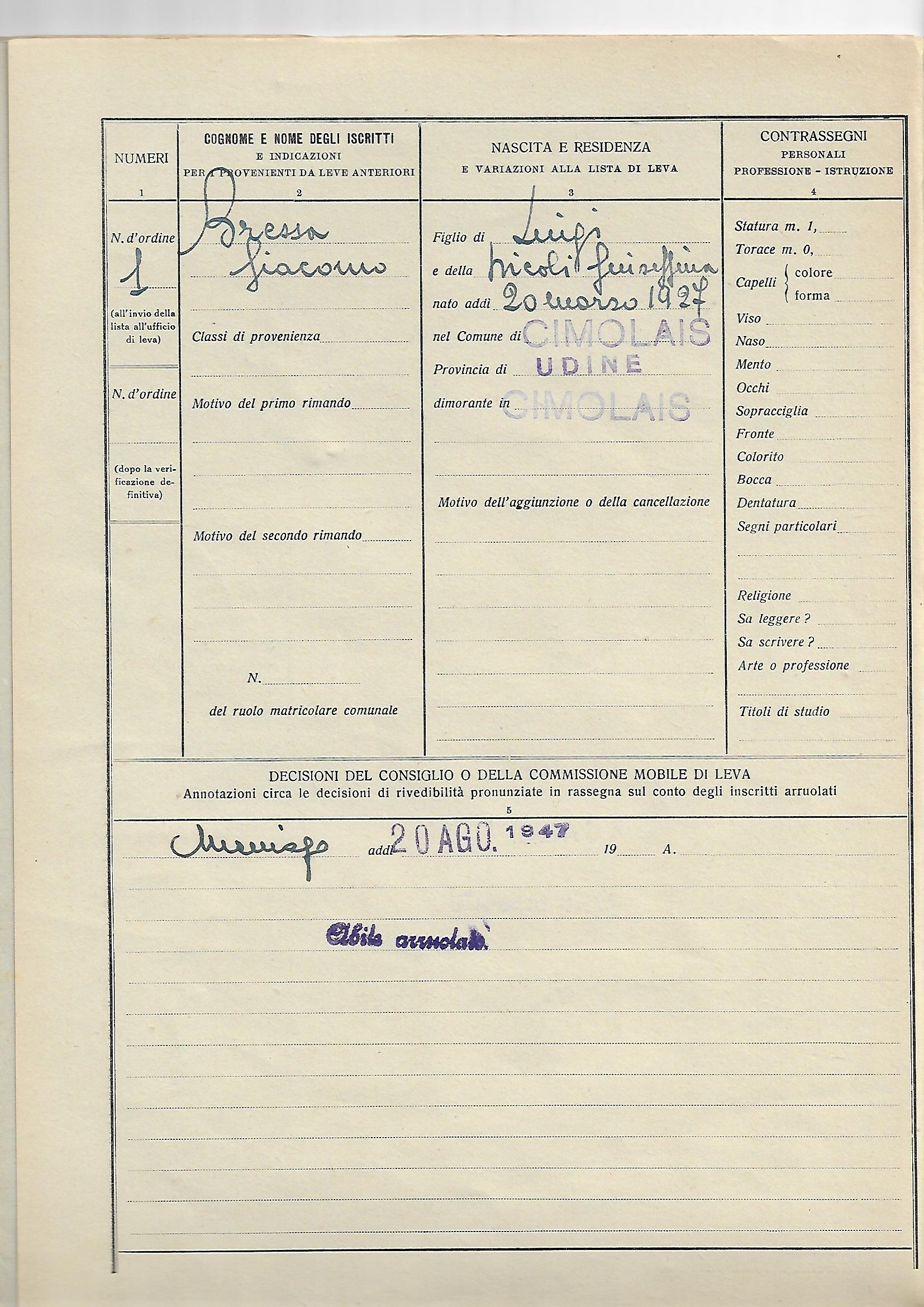 "CLASSE 1927" LISTA DI LEVA COSCRITTI