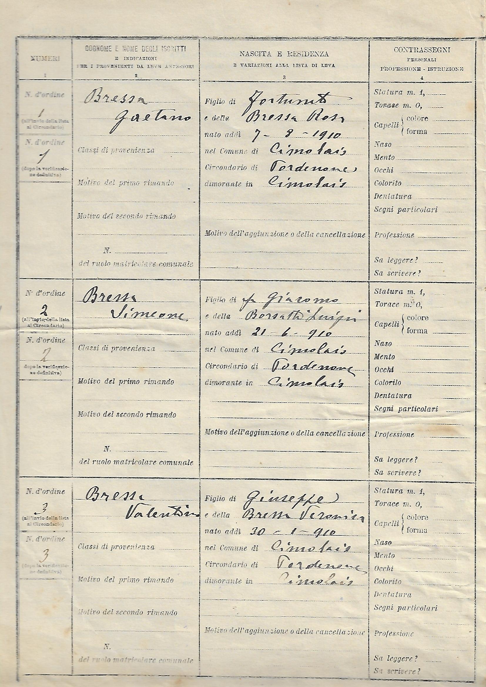 "CLASSE 1910" LISTA DI LEVA COSCRITTI