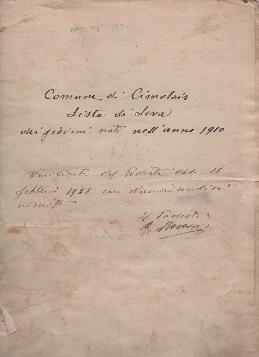 "CLASSE 1910" LISTA DI LEVA