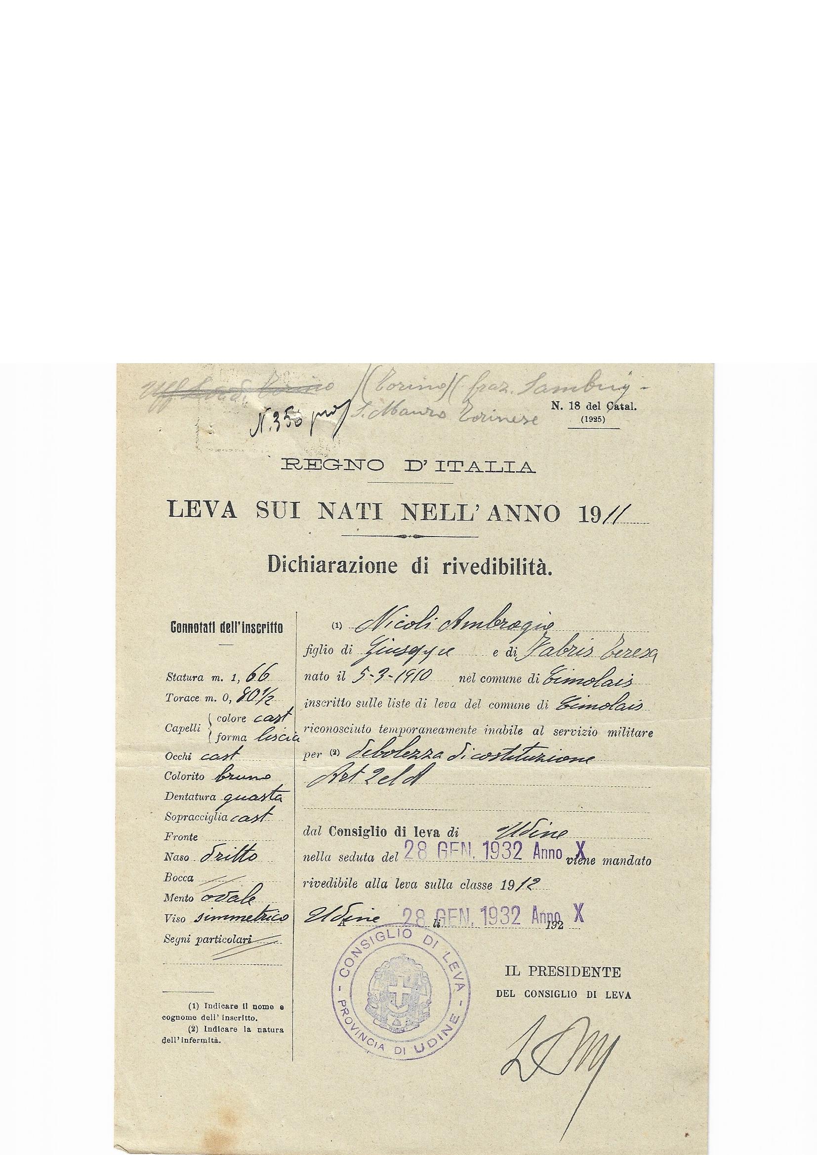 "CLASSE 1911" DICHIARAZIONE DI RIVEDIBILITÀ