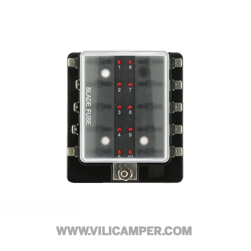 Caja de 10 fusibles con tapa (1 entrada positivo)