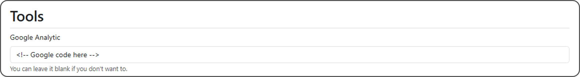 The Google Analytics and Custom head fields in Tools