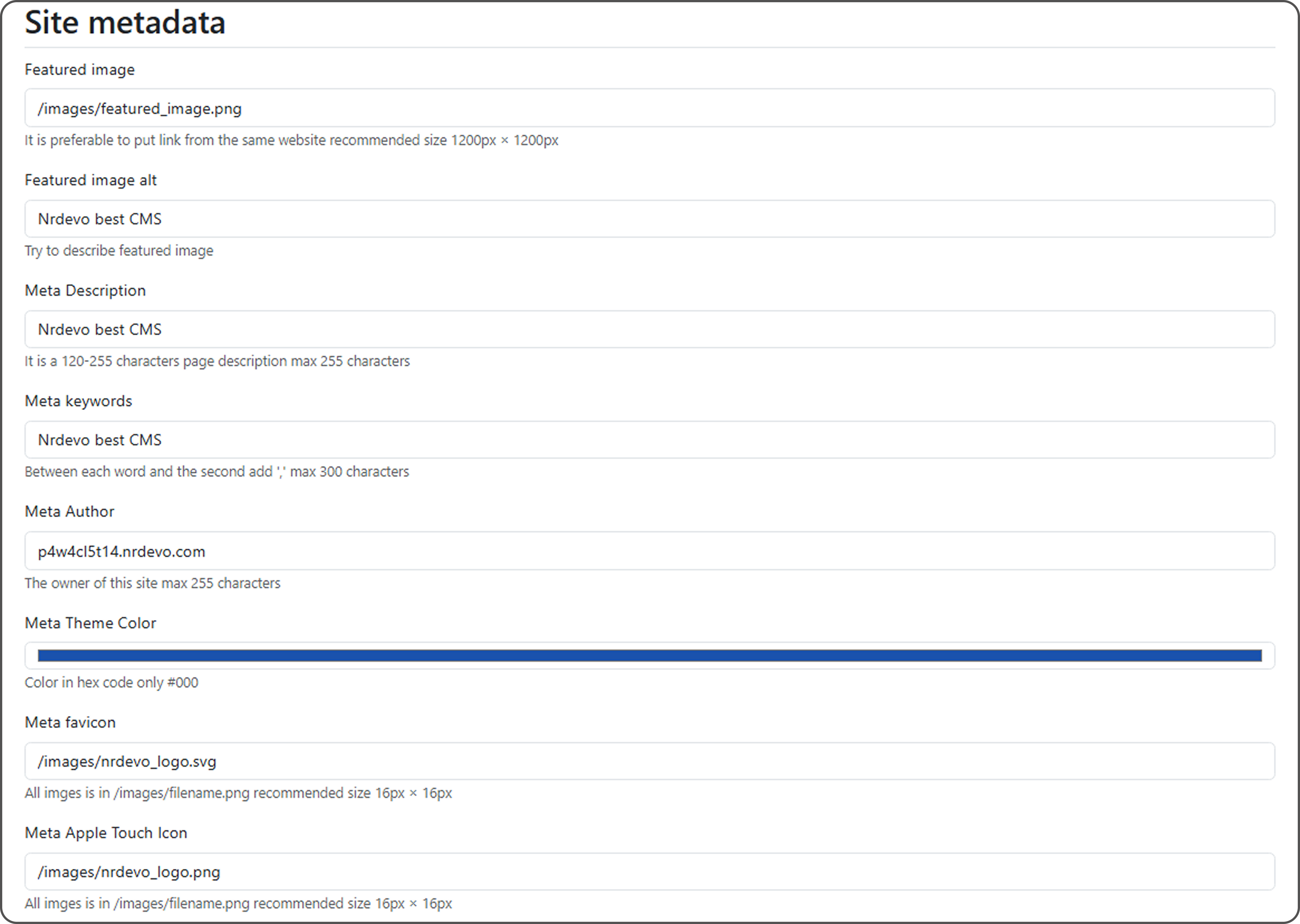 The Site metadata section in Settings