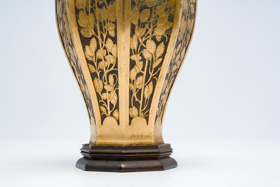 A French octagonal bronze vase with floral design, Christofle, first half 20th C.