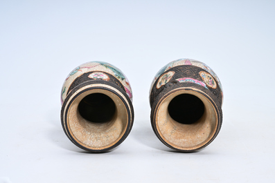 A pair of Chinese Nanking crackle glazed famille rose 'warrior' vases, 19th C.